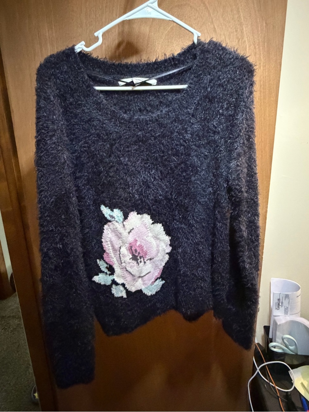 Lauren Conrad Cozy Black Fuzzy Sweater with Pink Rose Accent medium